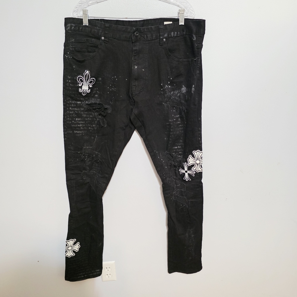 Smoke Rise Black Distressed Jeans Fleur De Lis Cross 38/34